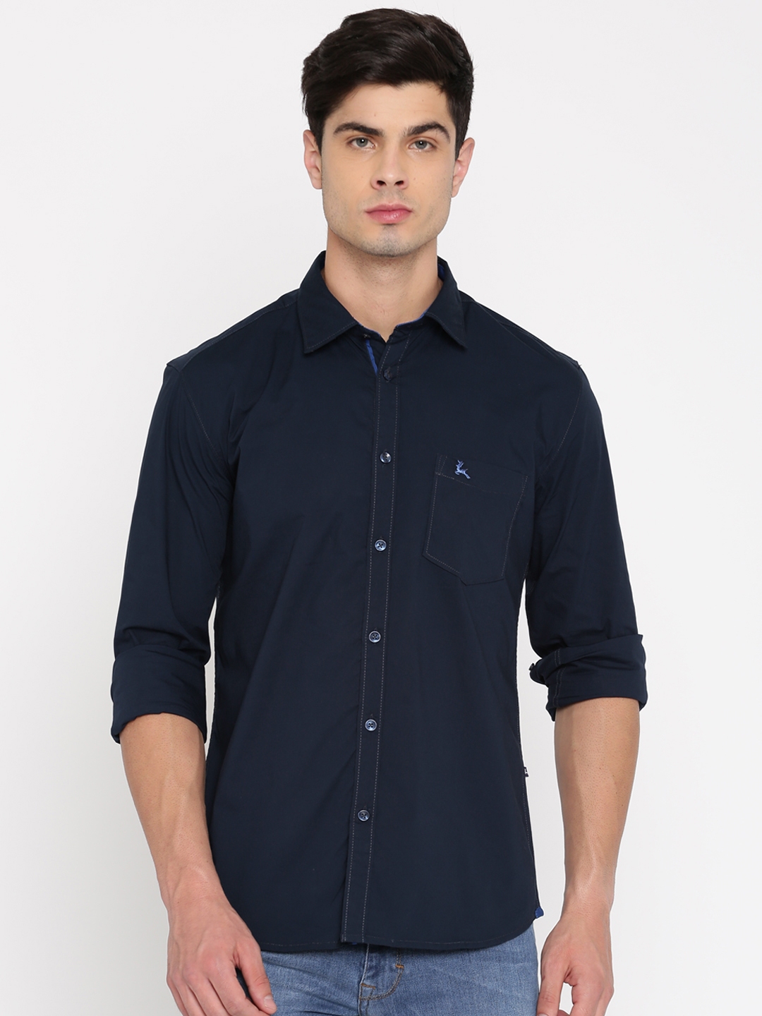 Buy Parx Men Navy Blue Slim Fit Solid Denim Casual Shirt - Shirts for ...