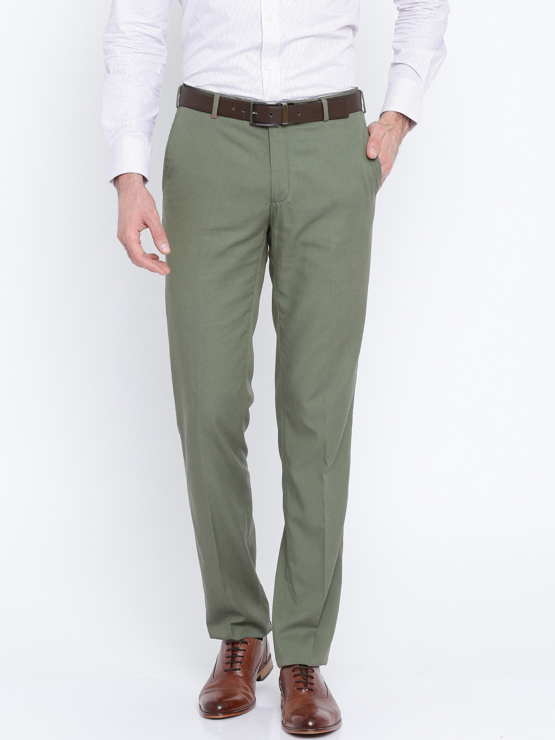 Buy Raymond Men Olive Green Slim Fit Solid Regular Trousers - Trousers ...