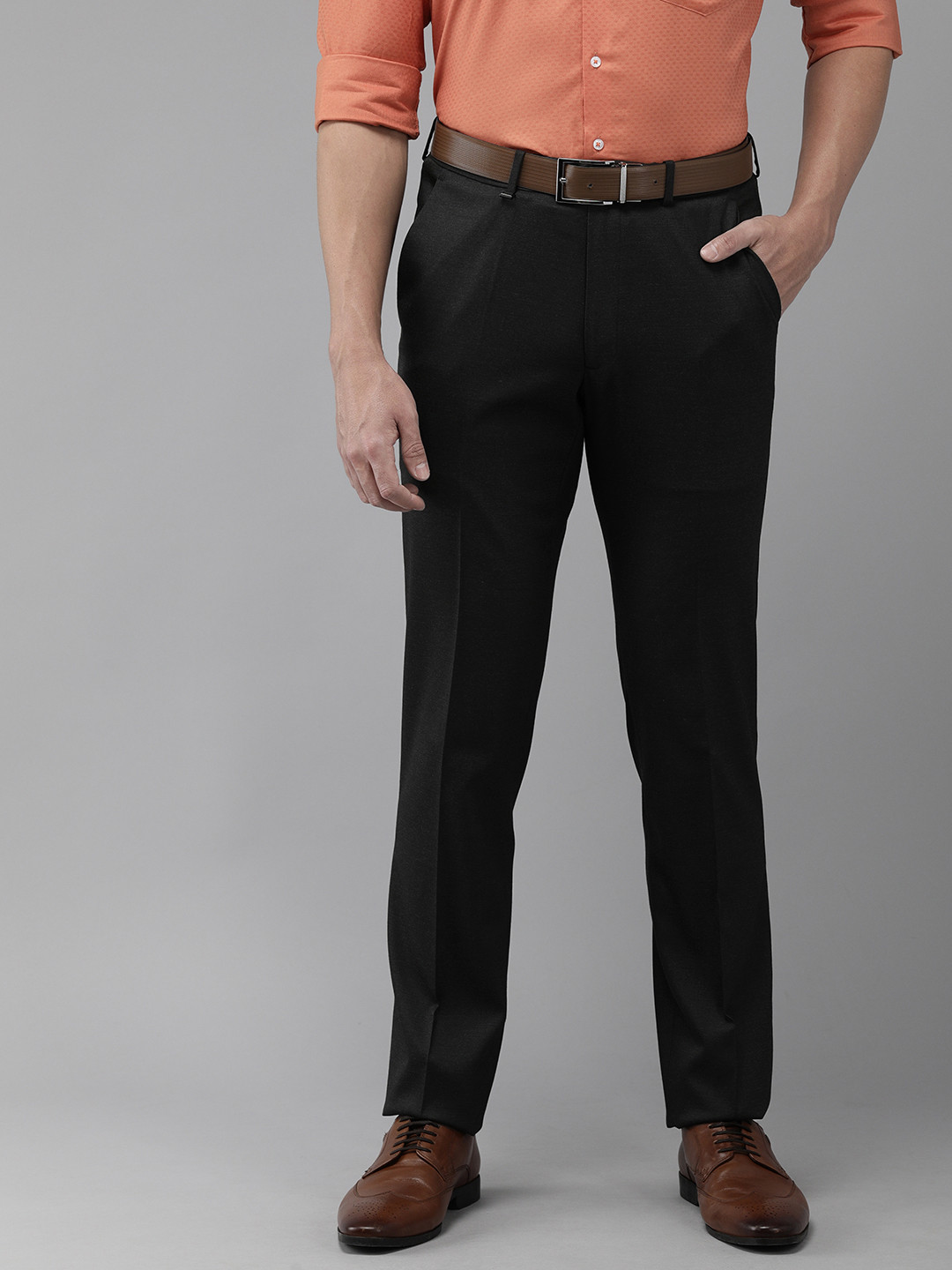 Buy Van Heusen Men Charcoal Textured Slim Fit Trousers Trousers for