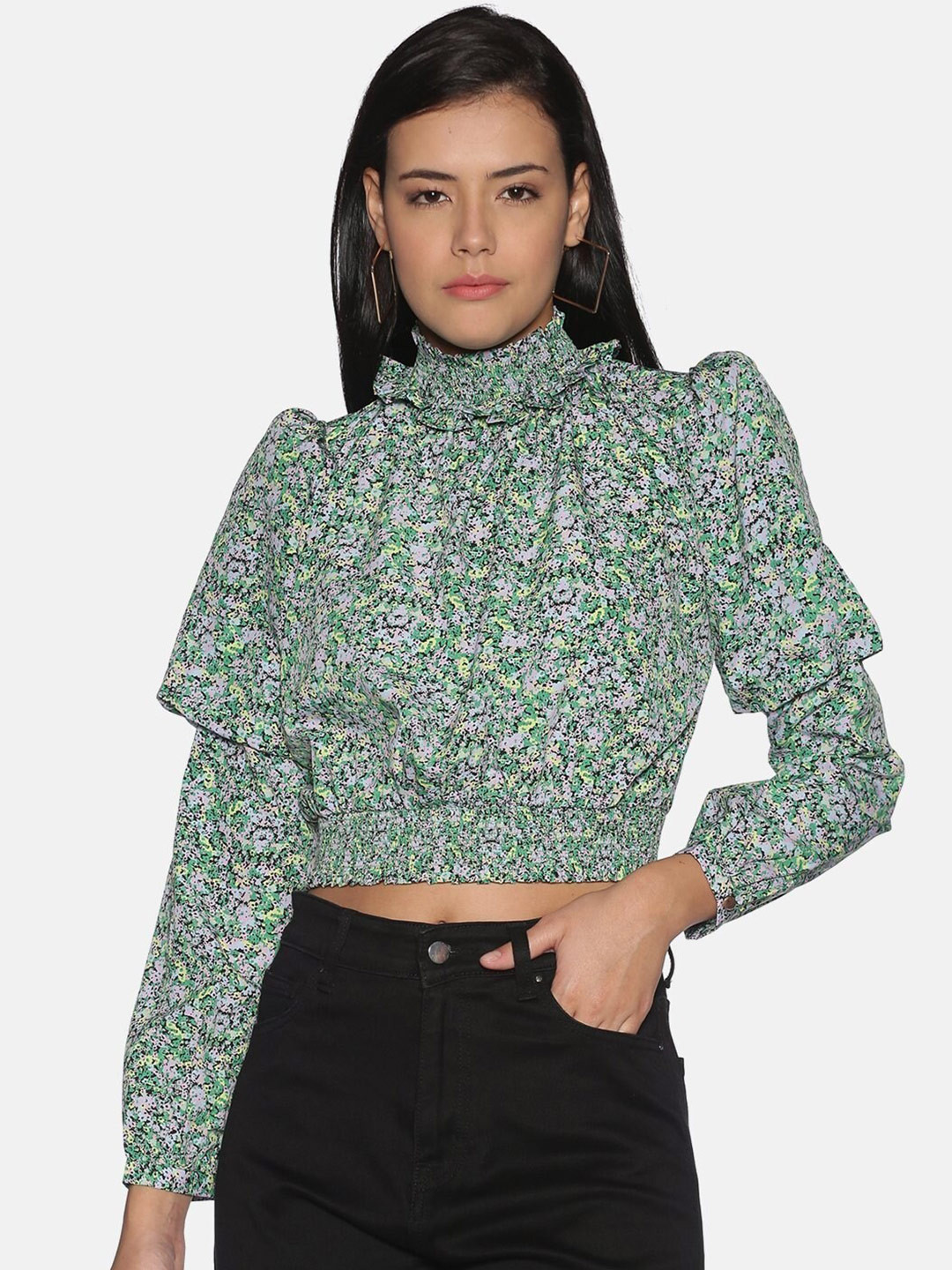 Women Grey Floral Printed Cotton Top