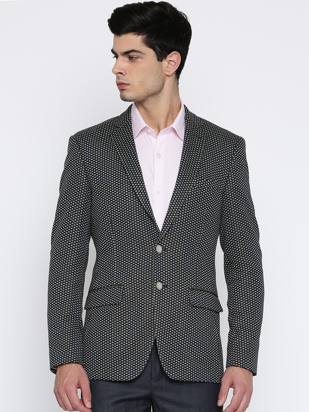 Men's Green Slim Fit Self Design Single Breasted Blazer