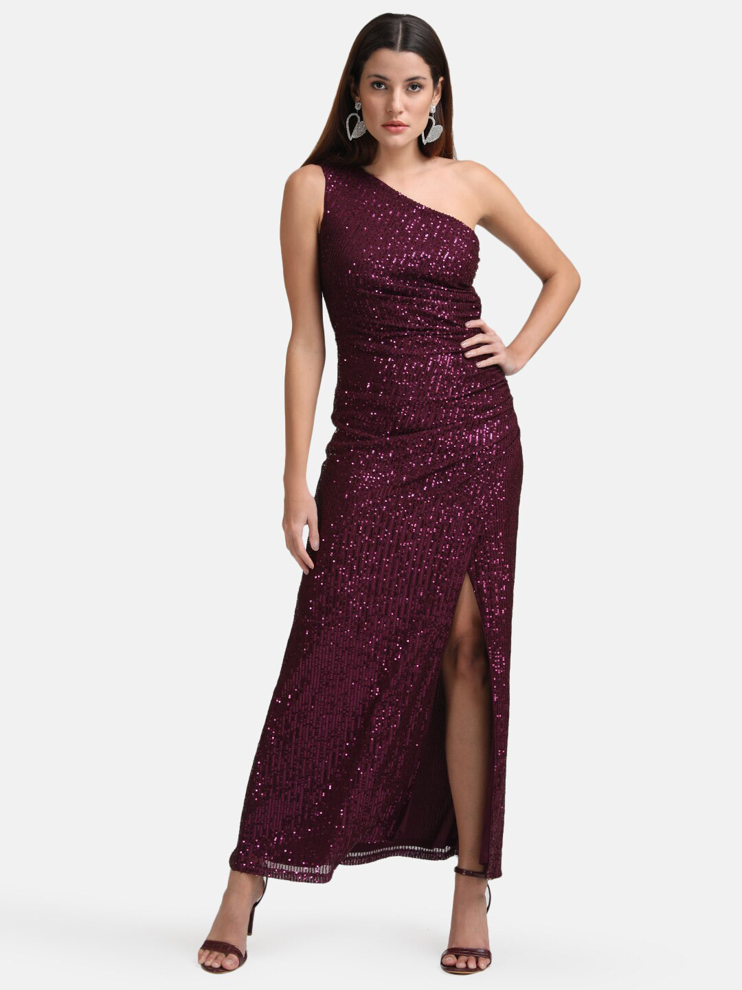 Buy Kazo Burgundy Embellished One Shoulder Maxi Dress Dresses for