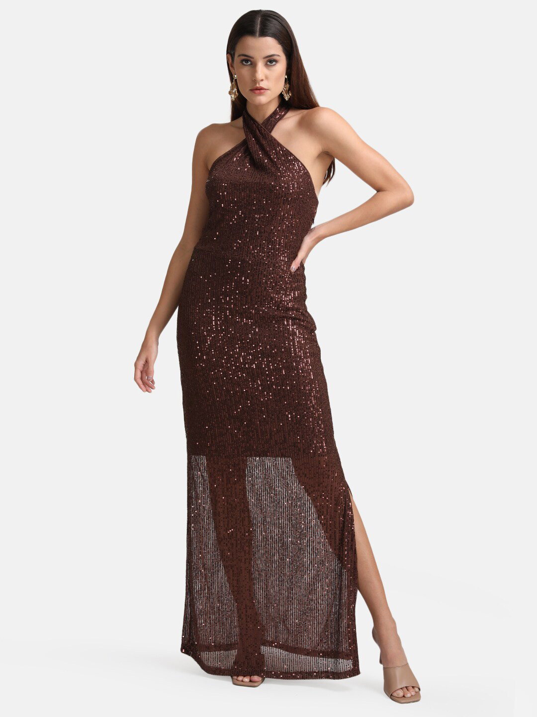 Buy Kazo Brown Embellished Halter Neck Maxi Dress Dresses for Women 20690554 Myntra