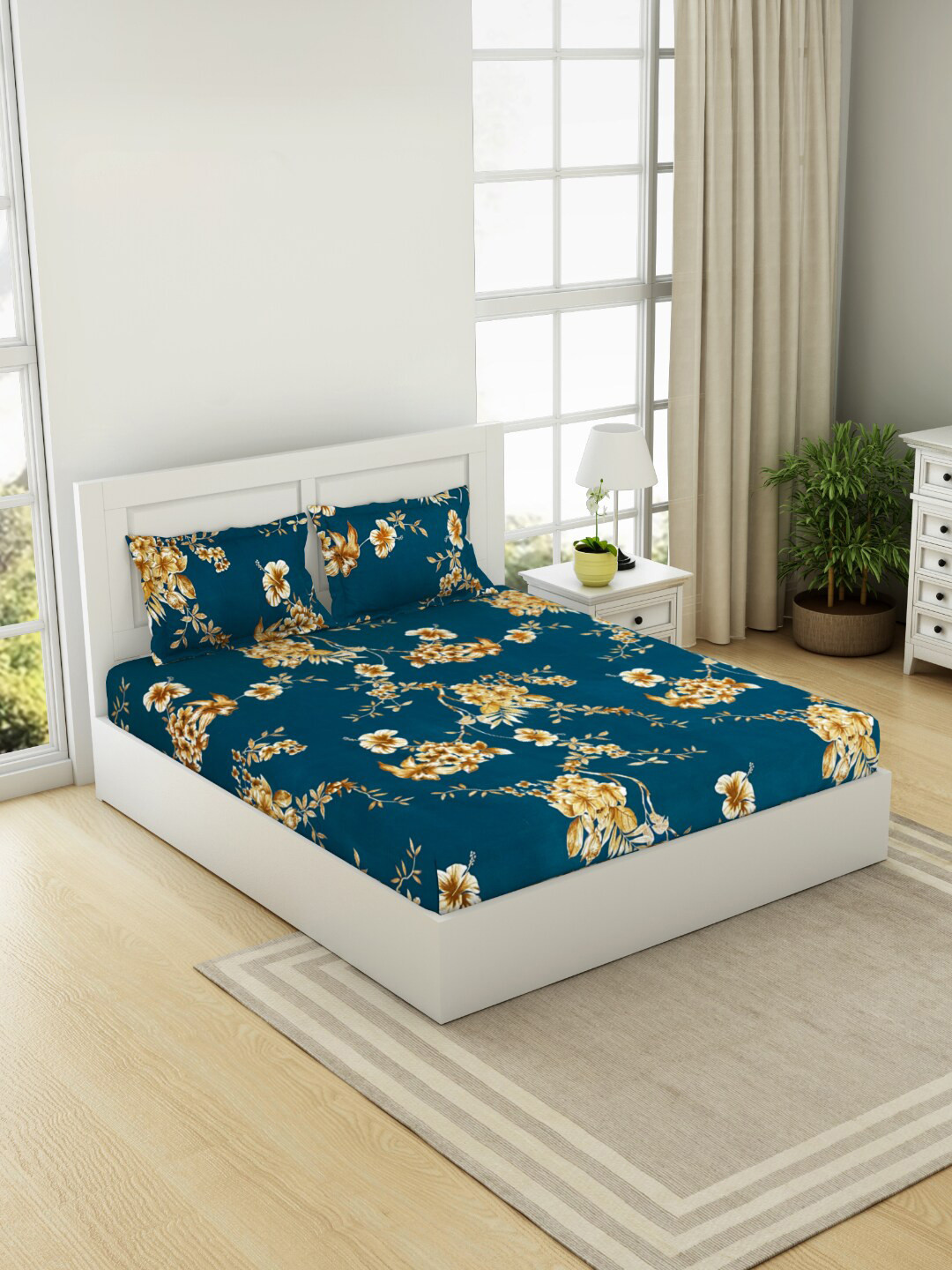 Buy Welspun Blue Floral 144 TC Cotton Queen Bedsheet With 2 Pillow