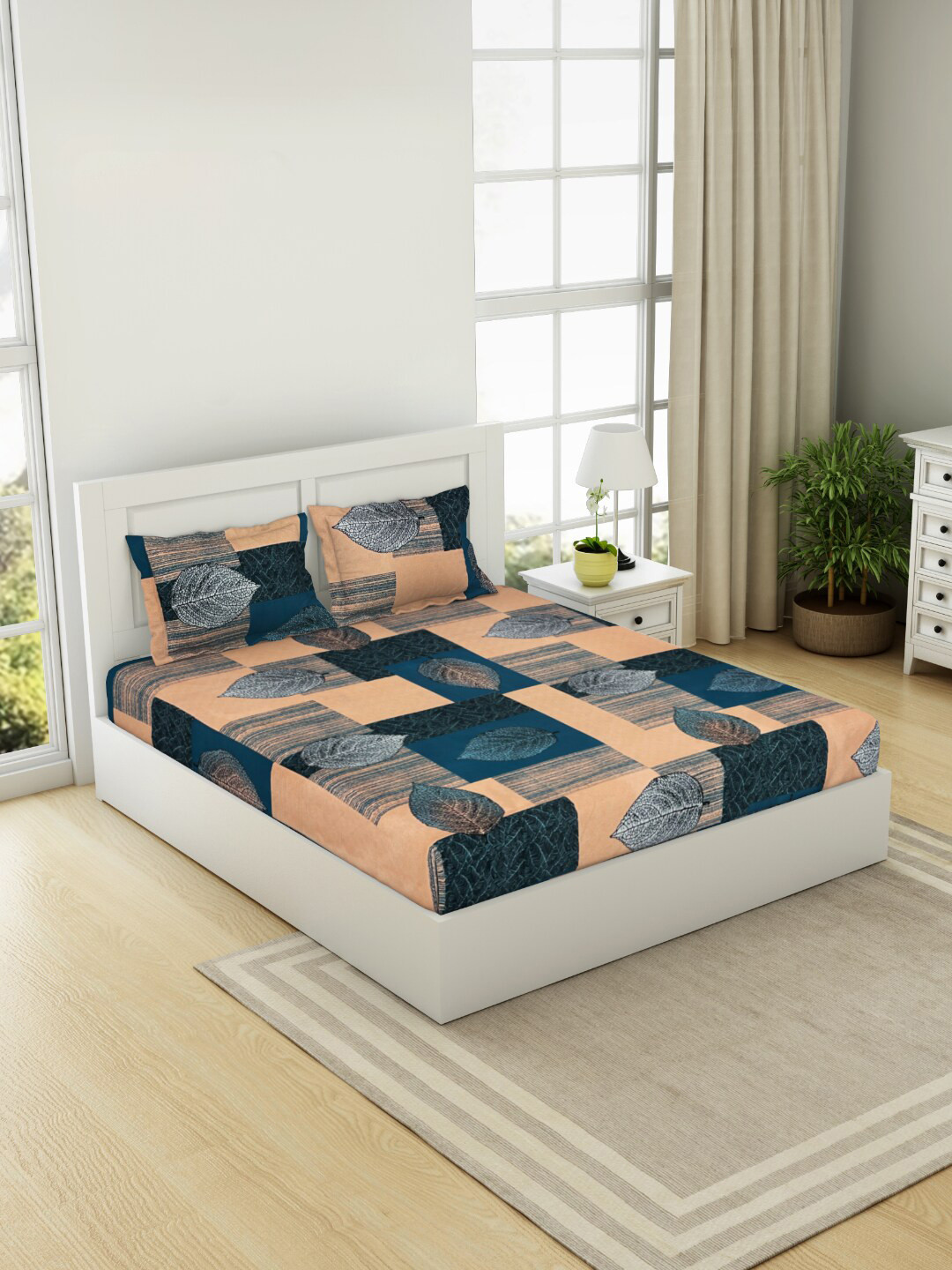 Buy Welspun Navy Blue Floral 144 TC CottonQueen Bedsheet With 2 Pillow