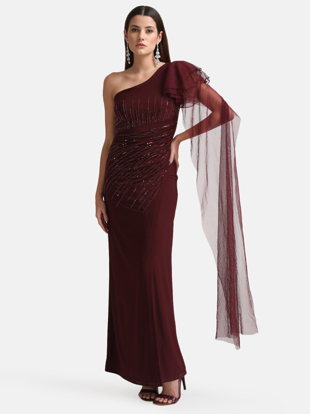Buy Kazo Maroon Embellished One Shoulder Maxi Maxi Dress Dresses for