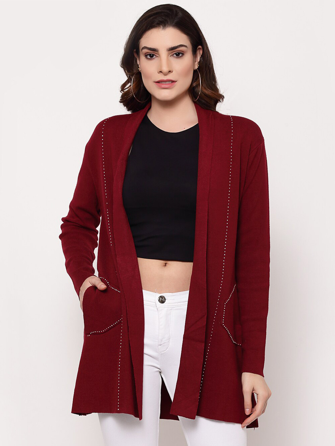 Buy Mafadeny Women Maroon Longline Shrug Shrug for Women 20693892
