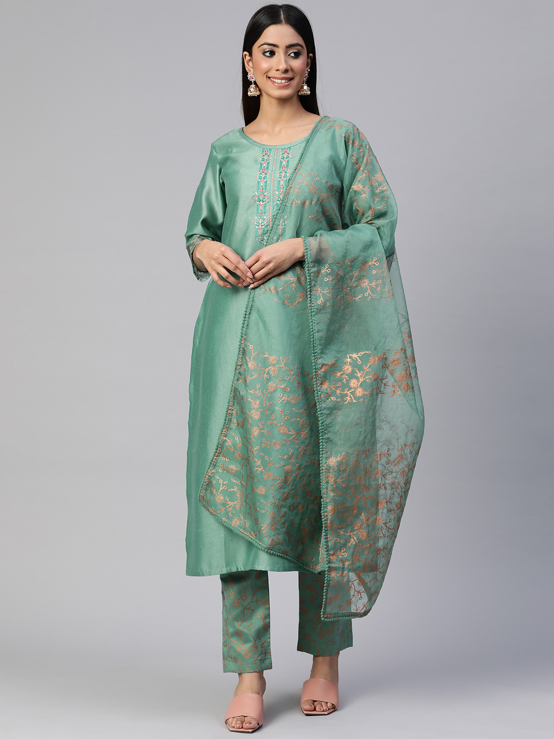 Blue Floral Print Ethnic LIVA kurta with Handwork main image 1