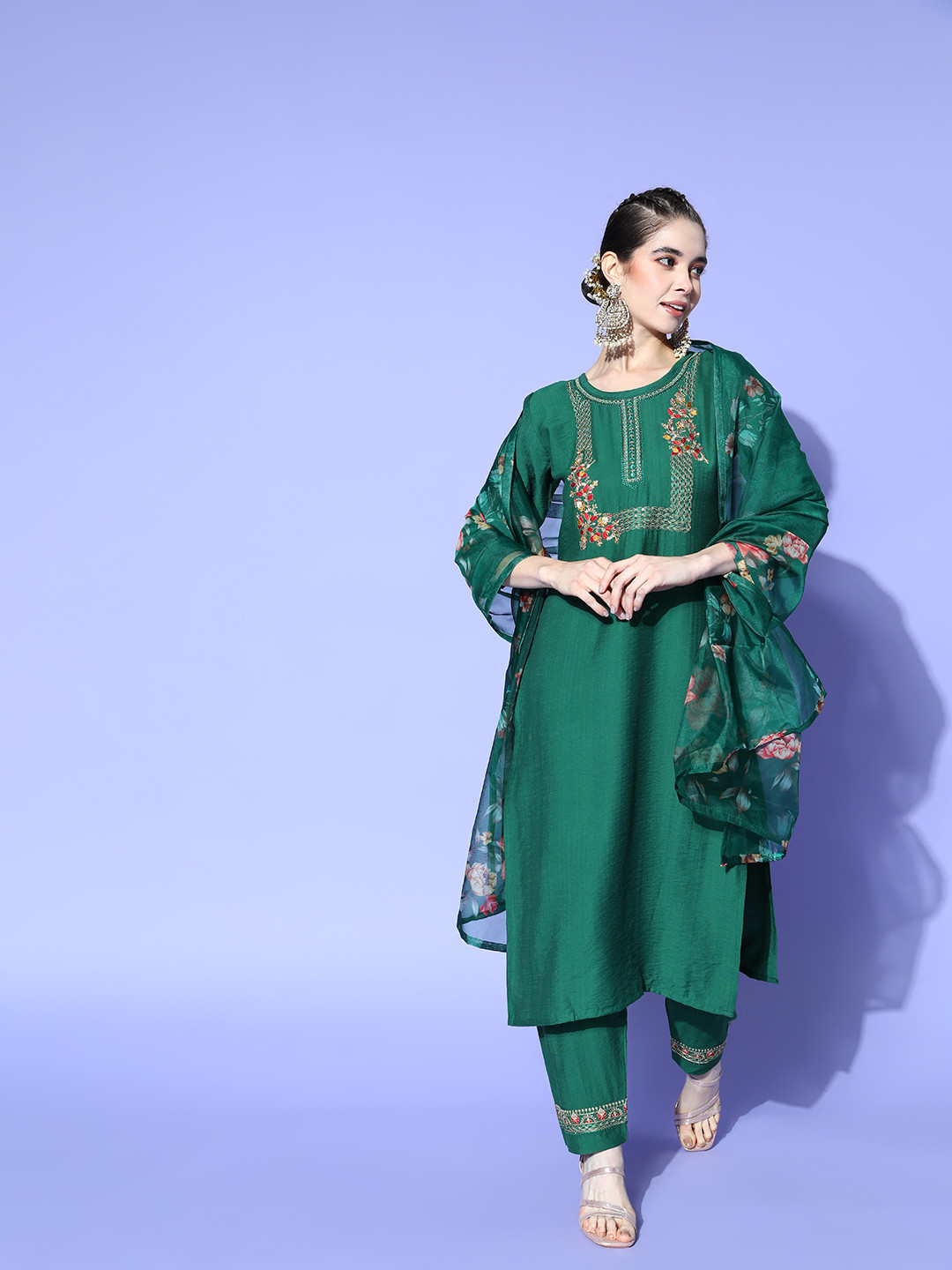 Women Green embroidered kurta with tonal trouser and printed dupattta