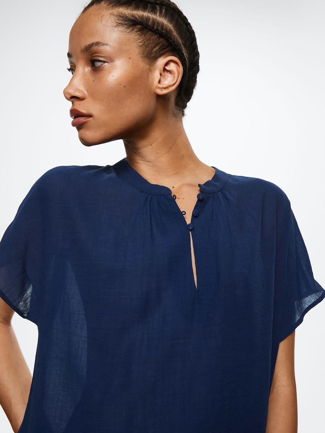Buy MANGO Navy Blue Solid Mandarin Collar Extended Sleeves Sustainable ...