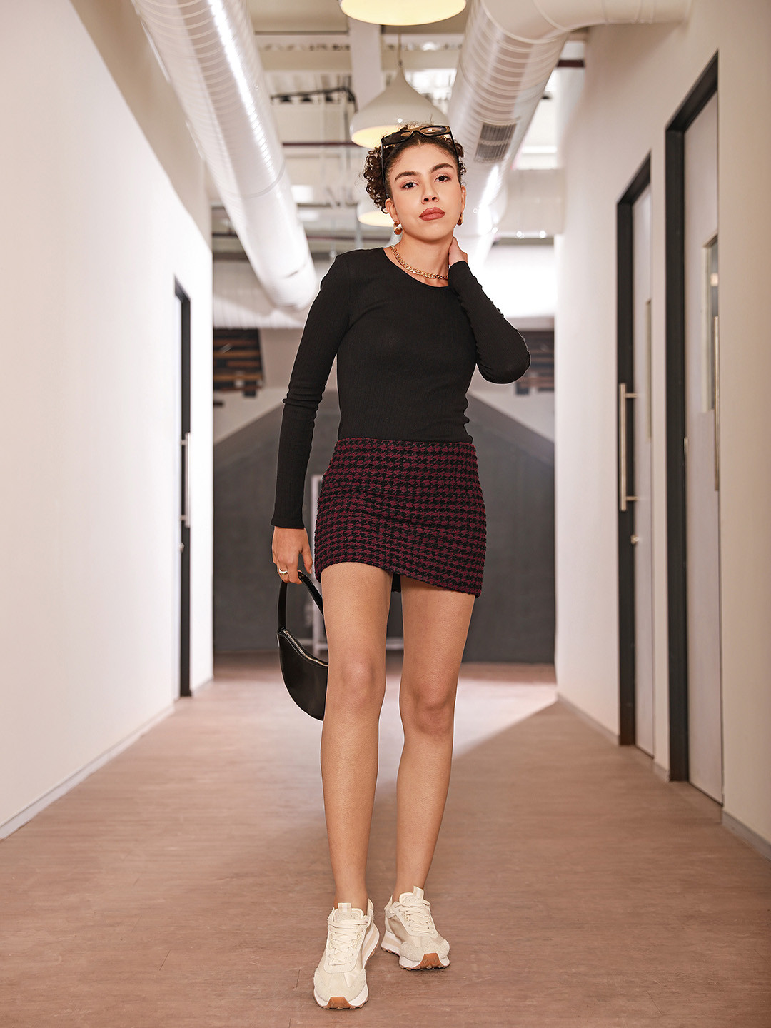 Buy MANGO Maroon & Black Sustainable Houndstooth Patterned Tweed