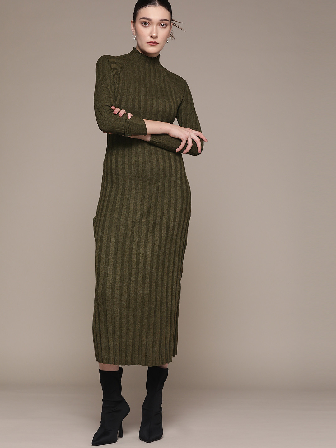 Buy MANGO Olive Green Sustainable Ribbed Sheath Midi Dress Dresses for Women 20707562 Myntra