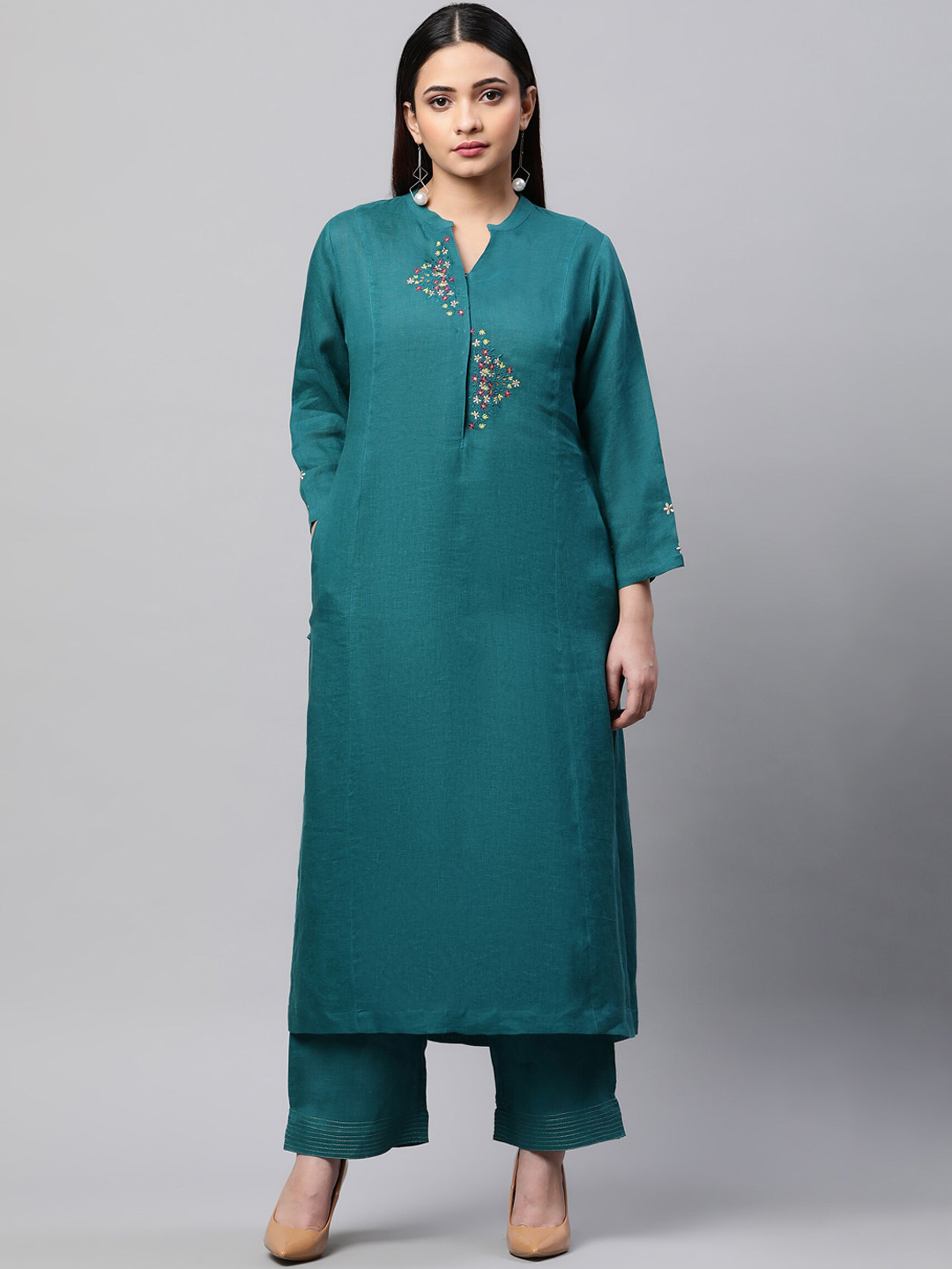 Teal Cutwork And Linen Mix Kurta Set
