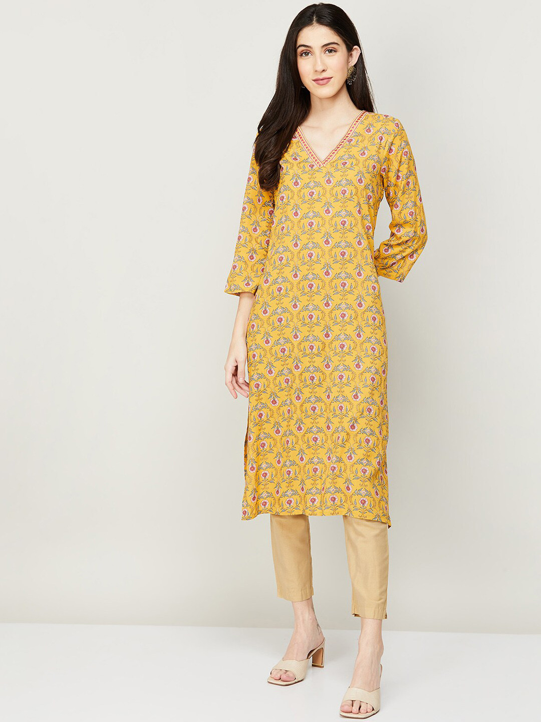 Mustard Yellow Ethnic Printed Cotton Kurti Set for Women main image 1