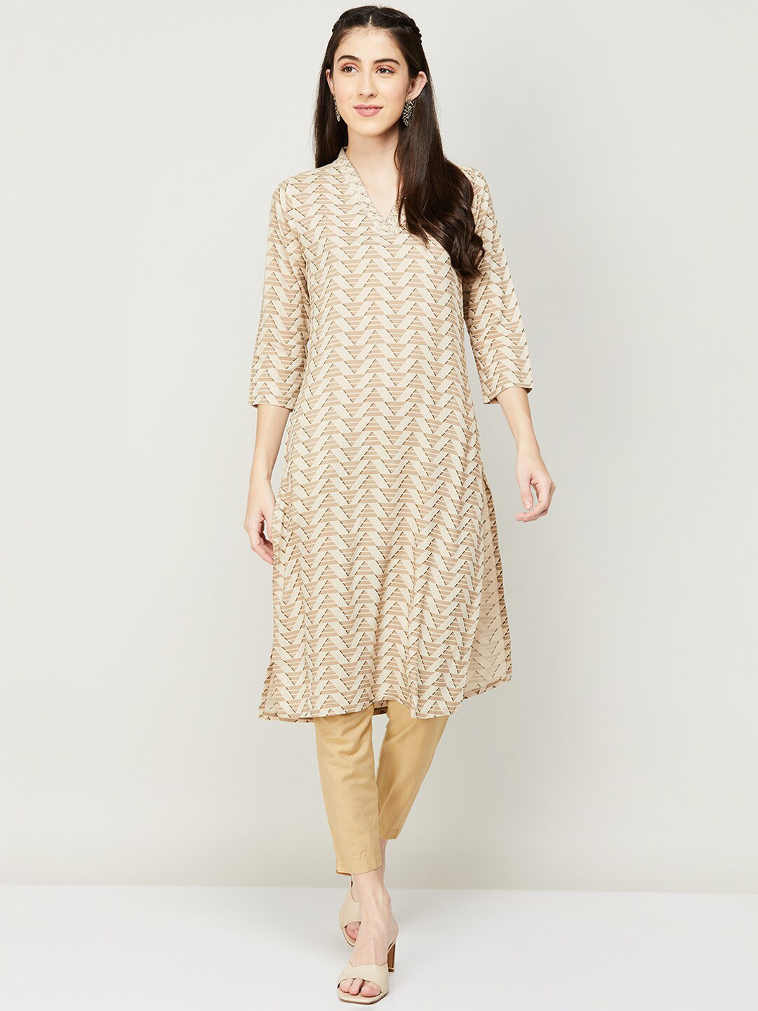 Women Brown and Mud Brown Motifs Print Mirror Work Kurta with Pants - Complete Set