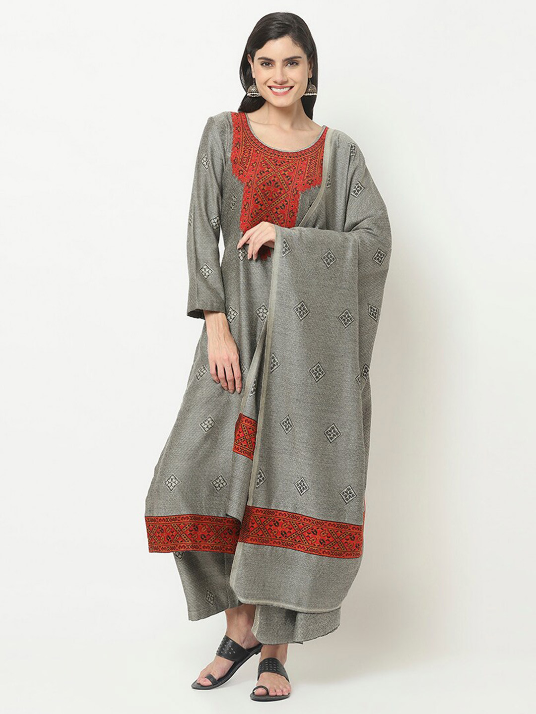 Buy Safaa Women Grey & Red Woven Design Unstitched Dress Material