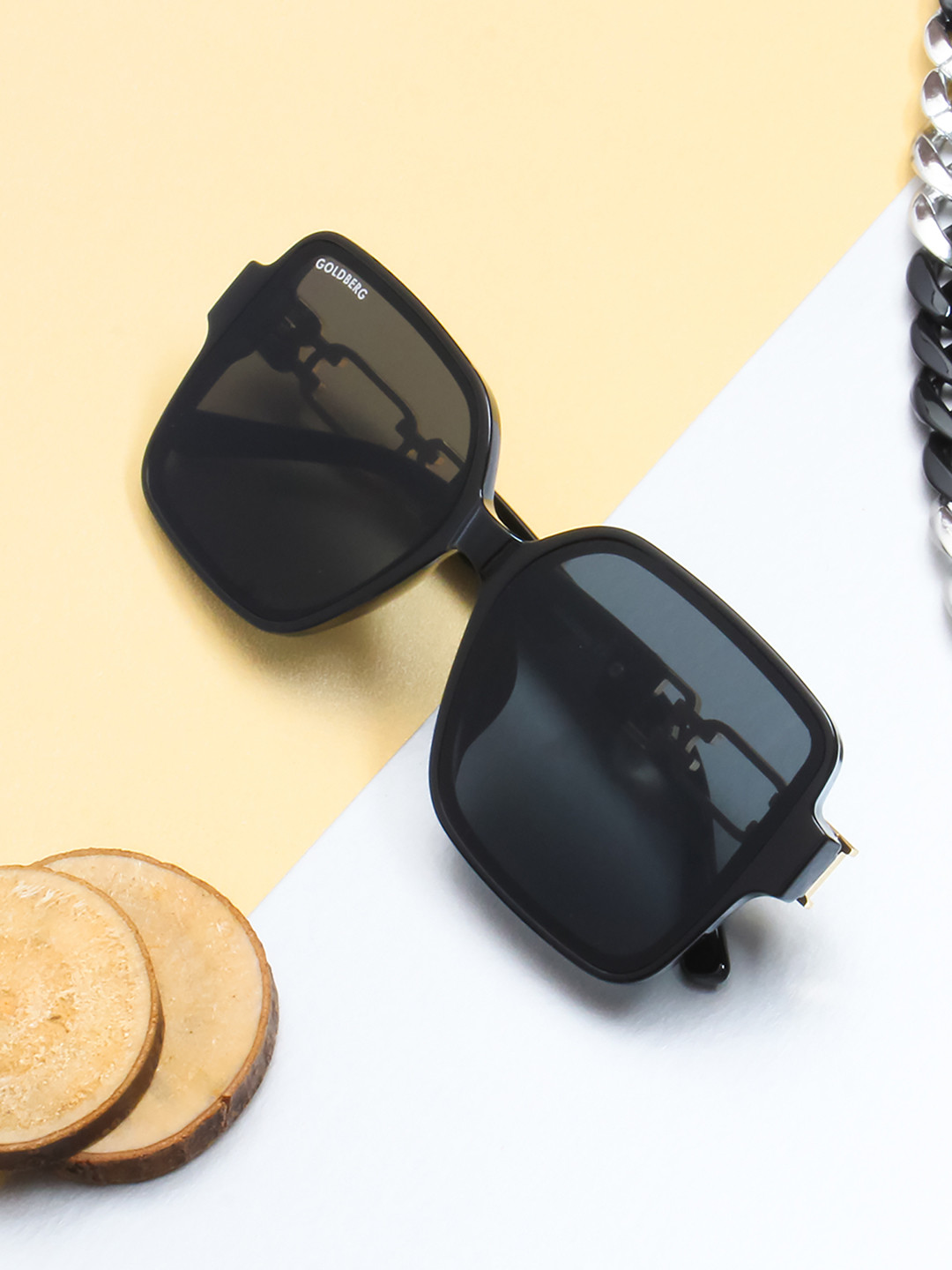 Buy Gold Berg Black Lens & Square Sunglasses With UV Protected Lens GB