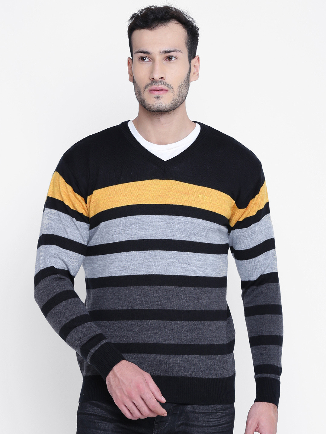 Buy ColorPlus Men Black & Grey Melange Striped Sweater Sweaters for
