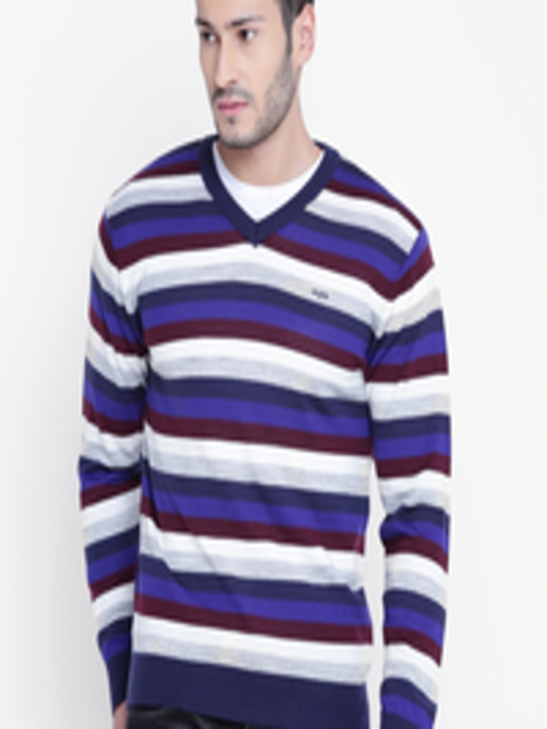 Buy ColorPlus Men Blue & White Striped Sweater - Sweaters for Men ...