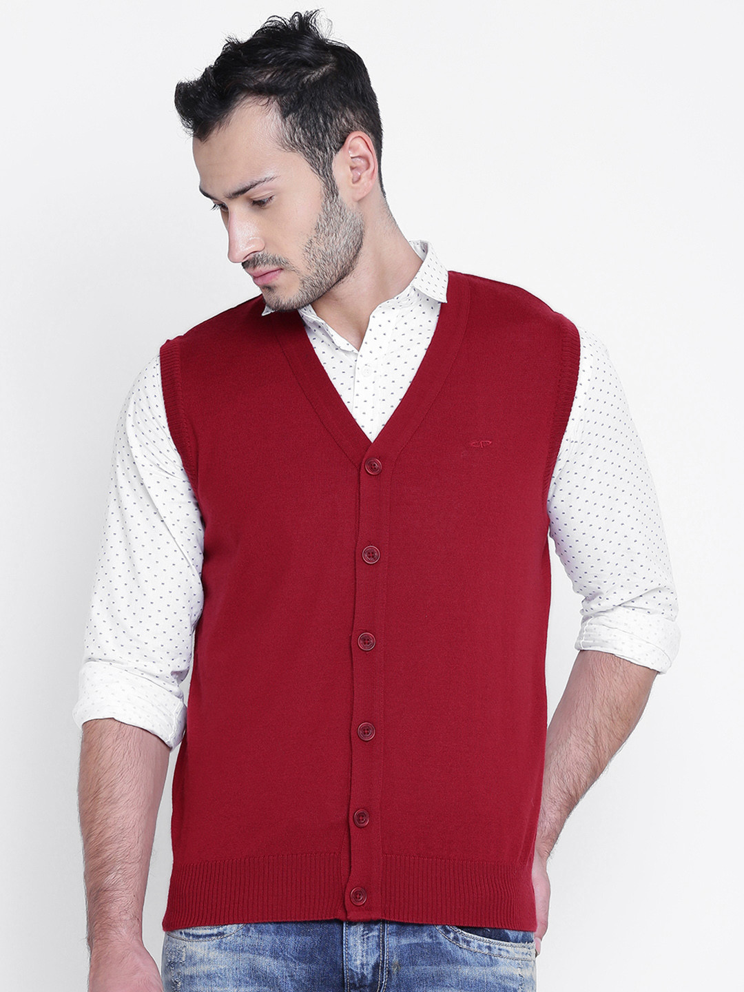 Buy ColorPlus Men Red Solid Sleeveless Cardigan Sweaters for Men