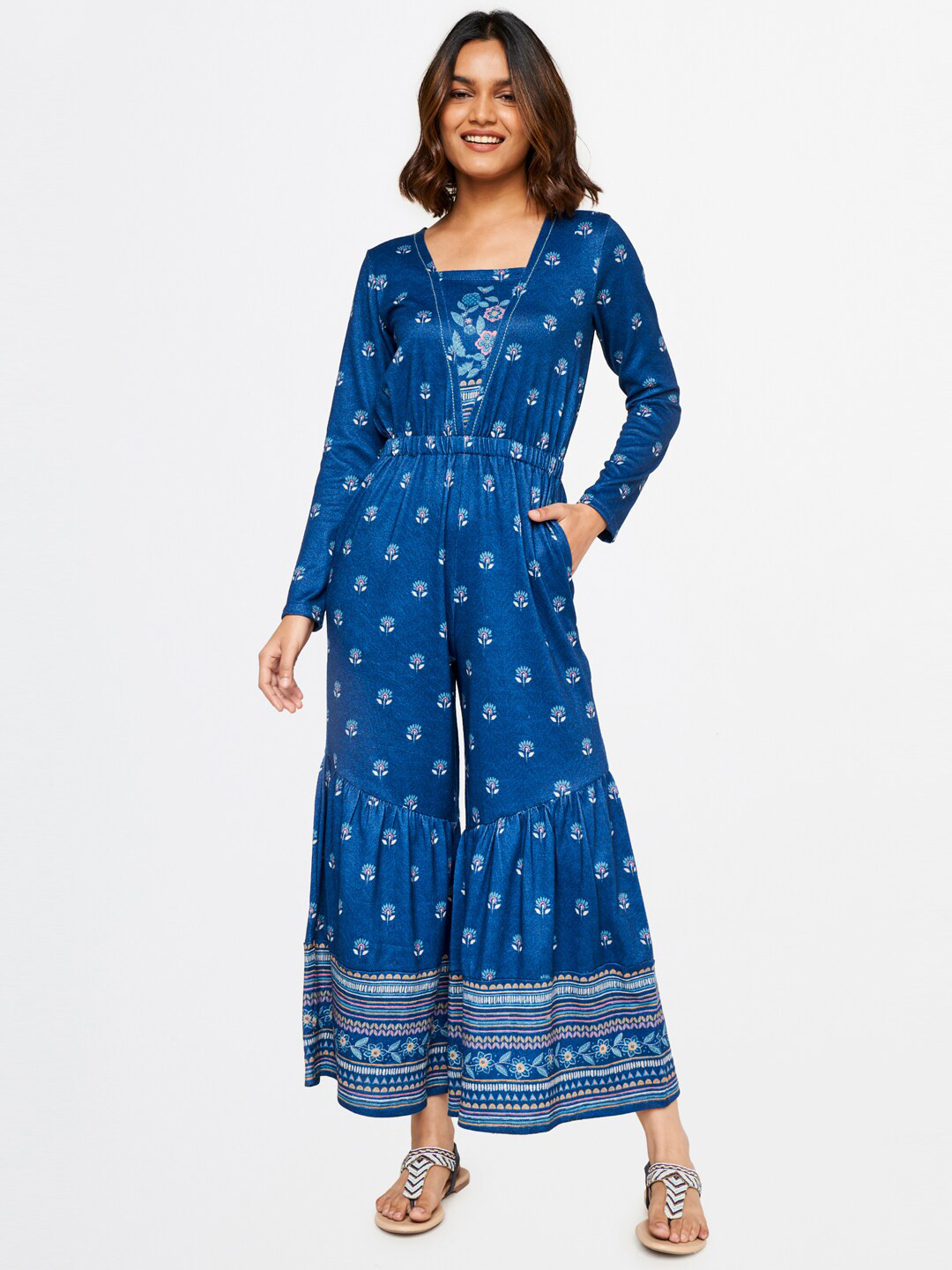 Buy Global Desi Women Blue & White Printed Long Sleeves Basic Jumpsuit