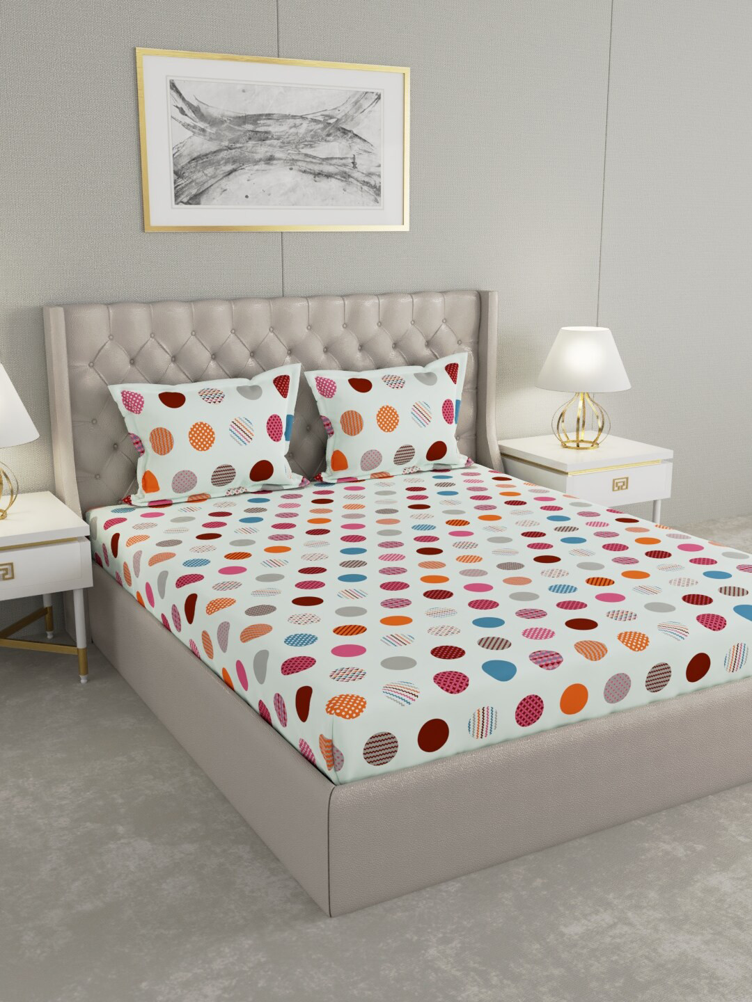 Buy Raymond Home White & Orange Geometric 100 TC King Bedsheet With 2 Pillow Covers Bedsheets
