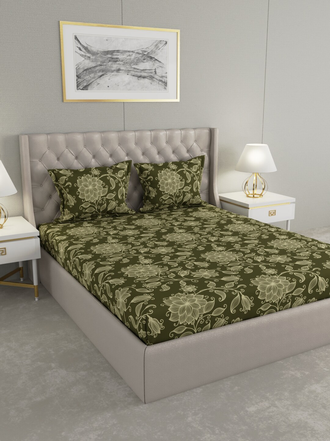 Buy Raymond Home Green Floral 100 TC King Bedsheet With 2 Pillow Covers