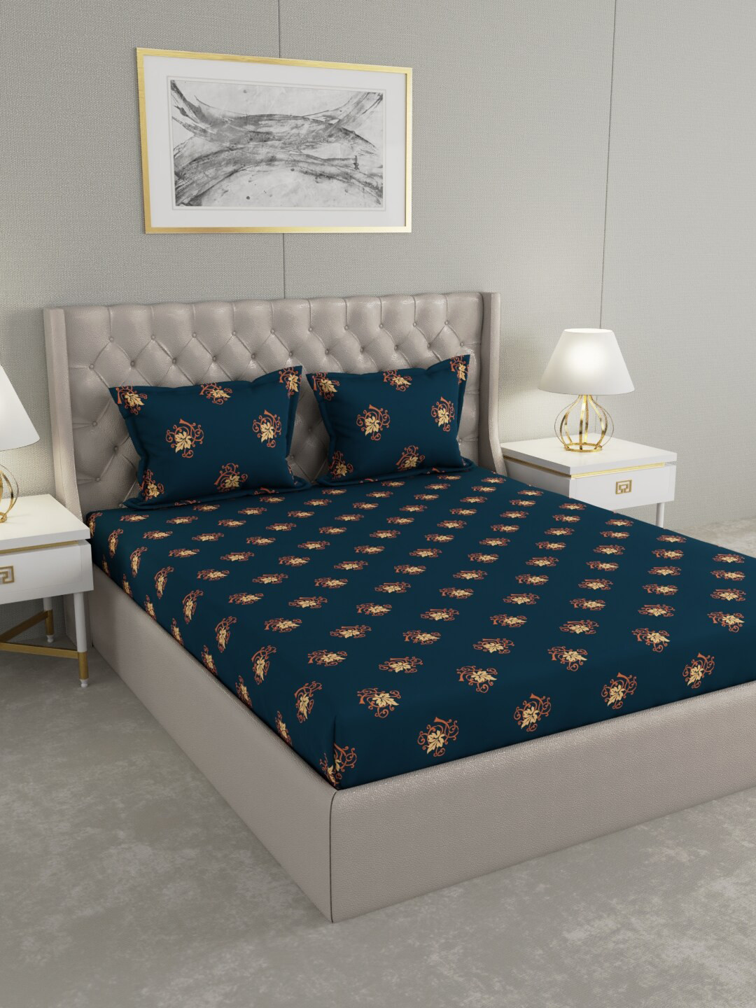Buy Raymond Home Blue & Brown Ethnic Motifs 100 TC King Bedsheet With 2