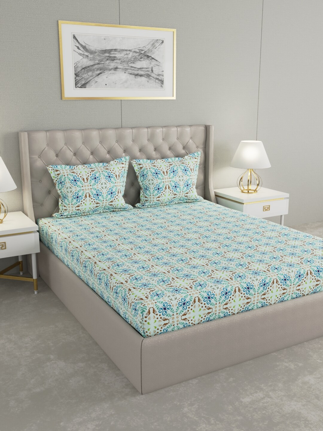 Buy Raymond Home Blue & Brown Ethnic Motifs 100 TC King Bedsheet With 2 Pillow Covers