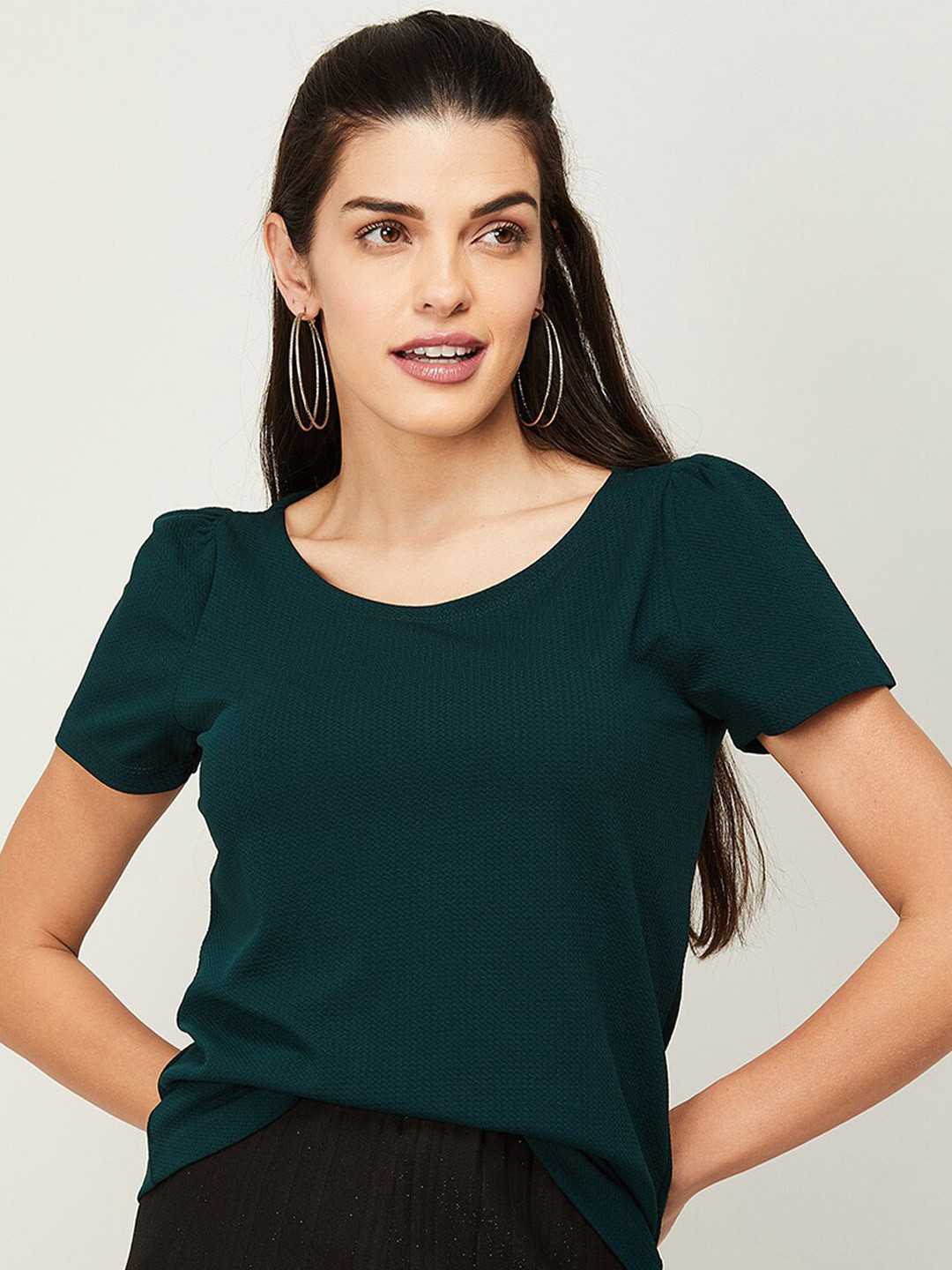 Buy CODE By Lifestyle Green Solid Round Neck Top Tops for Women