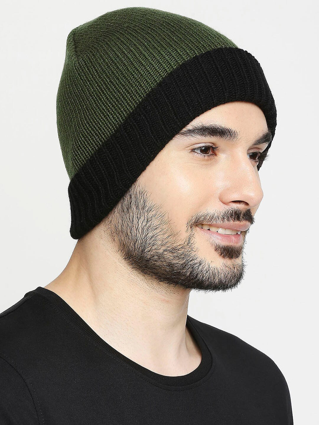 Buy SPYKAR Men Olive Green & Black Colourblocked Cotton Beanie Caps