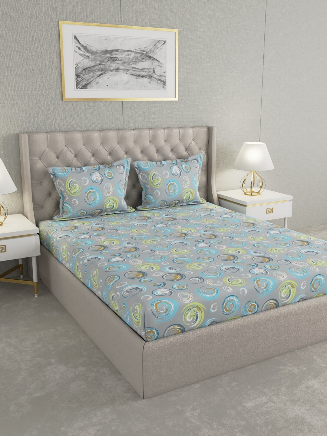 Buy Raymond Home Blue & White Graphic 104 TC King Bedsheet With 2