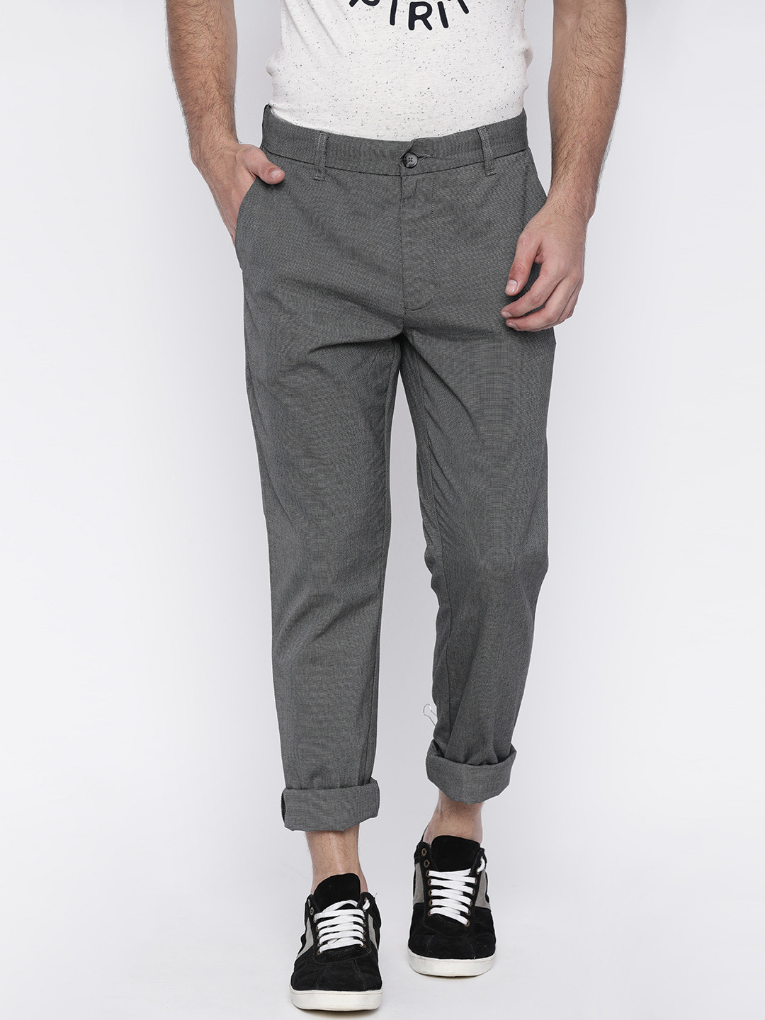 Buy Parx Men Grey Slim Fit Self Design Regular Trousers - Trousers for ...