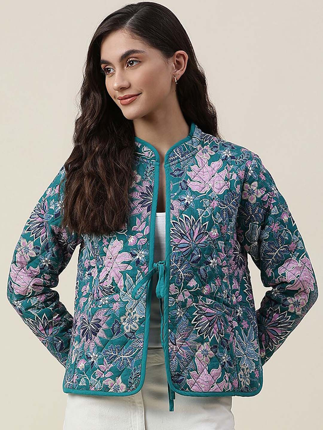 Buy Fabindia Women Green Floral Tailored Cotton Jacket Jackets for