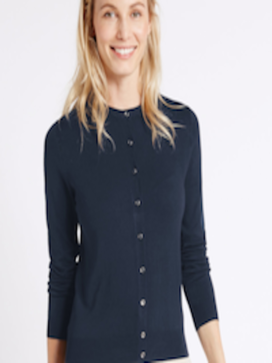 Buy Marks & Spencer Women Navy Blue Solid Cardigan - Sweaters for Women ...