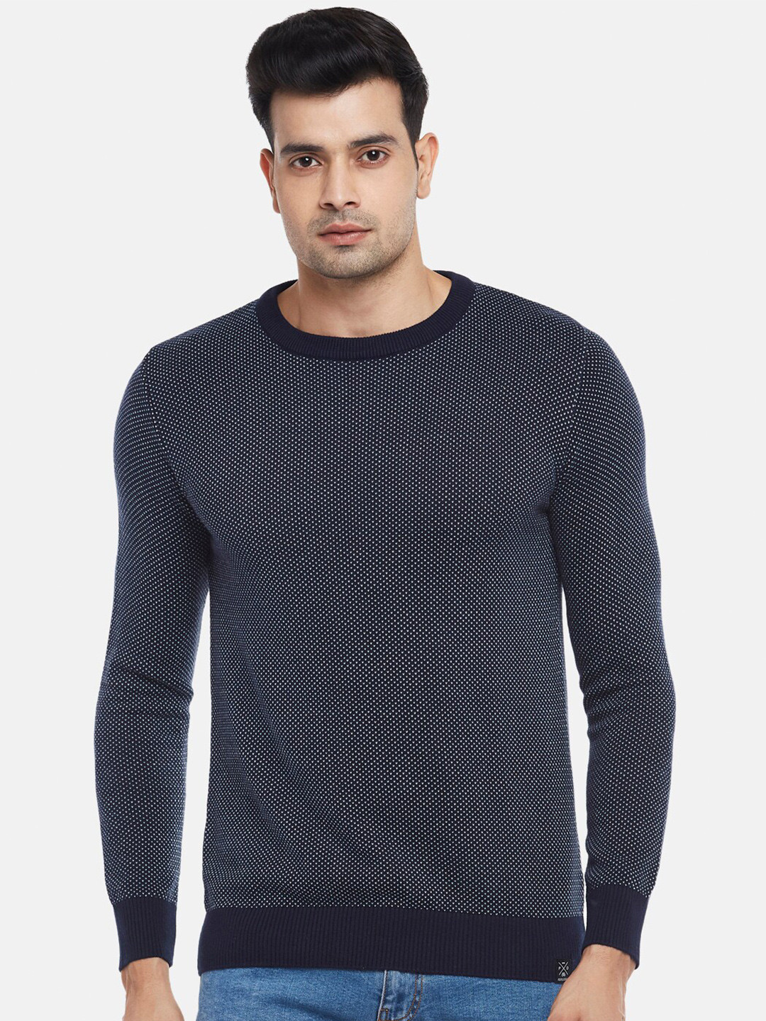 Men's Round Neck Self Design Navy Blue Pullover