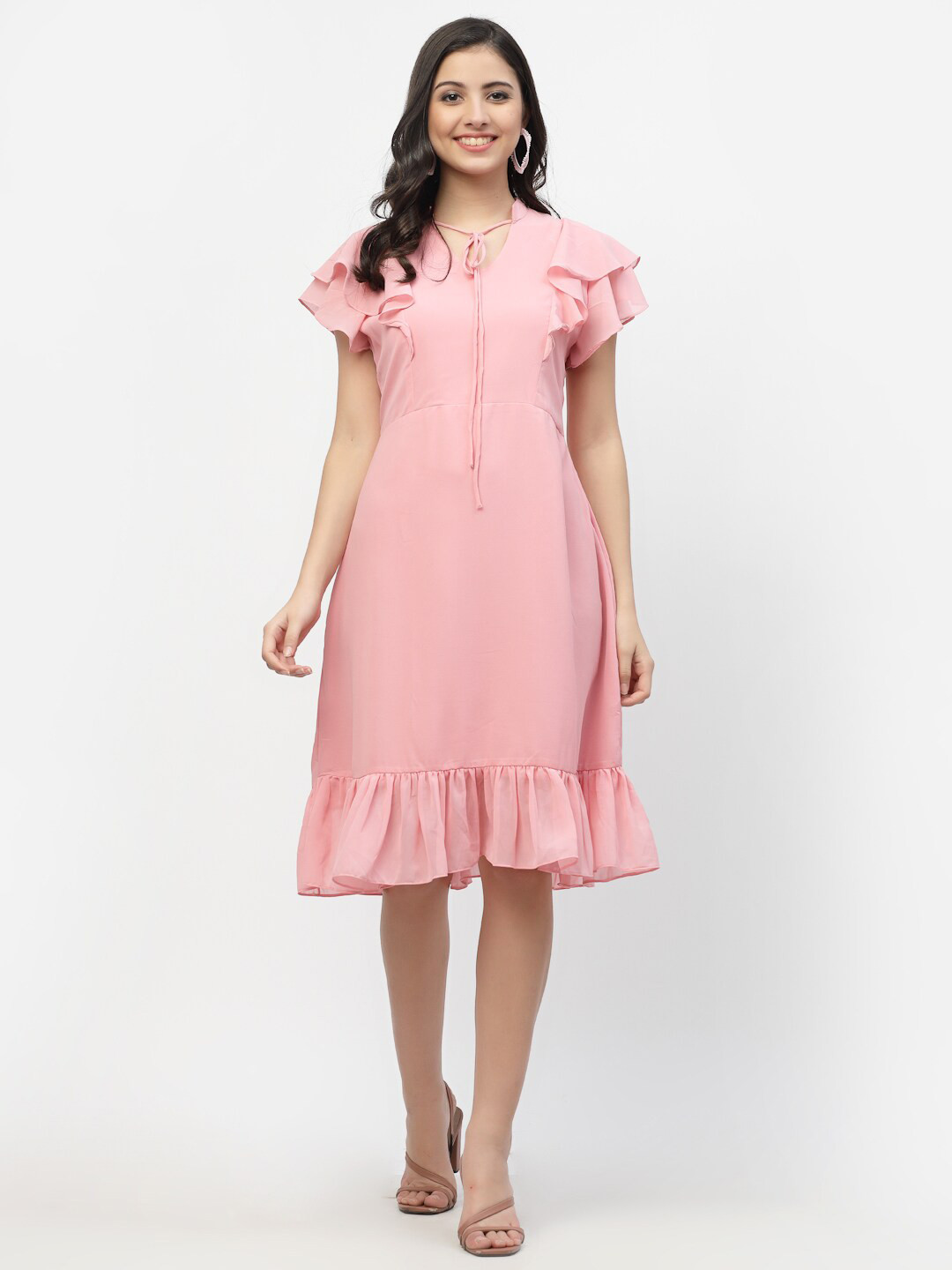 Buy MISS AYSE Pink Tie Up Neck A Line Midi Dress Dresses