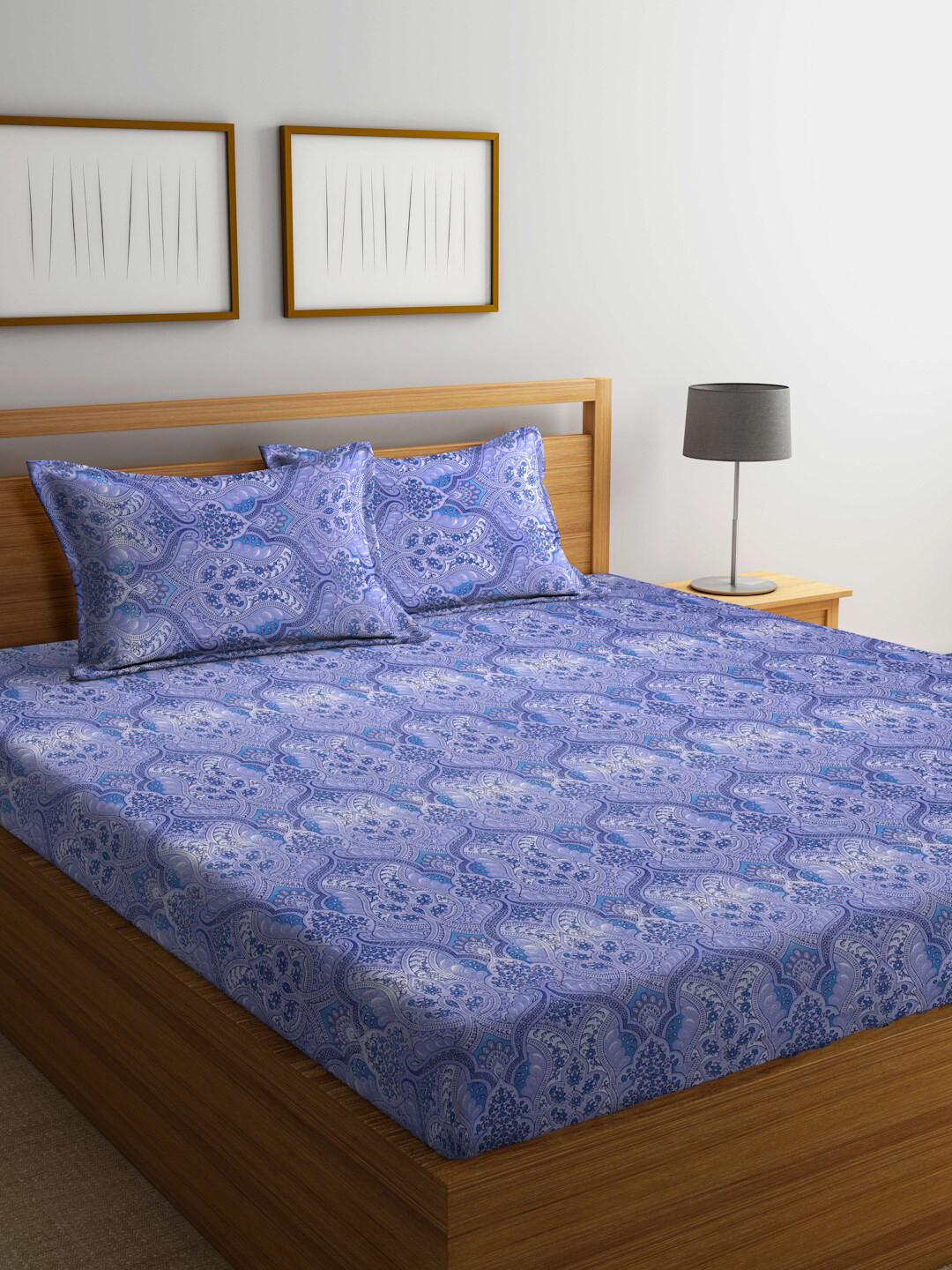 Buy BOMBAY DYEING Blue Floral 144 TC King Bedsheet With 2 Pillow Covers