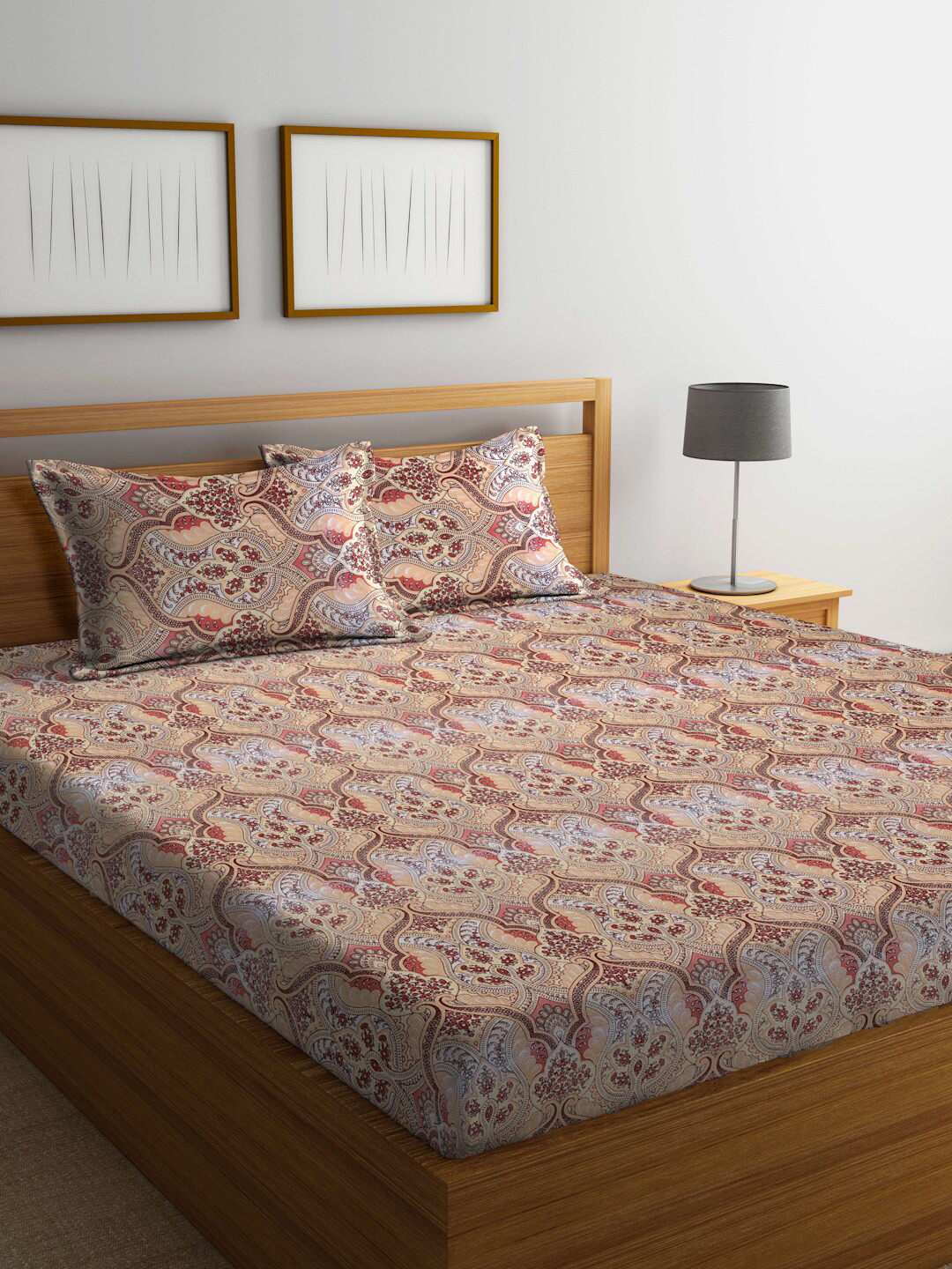 Buy BOMBAY DYEING Brown & White Ethnic Motifs 144 TC Queen Bedsheet