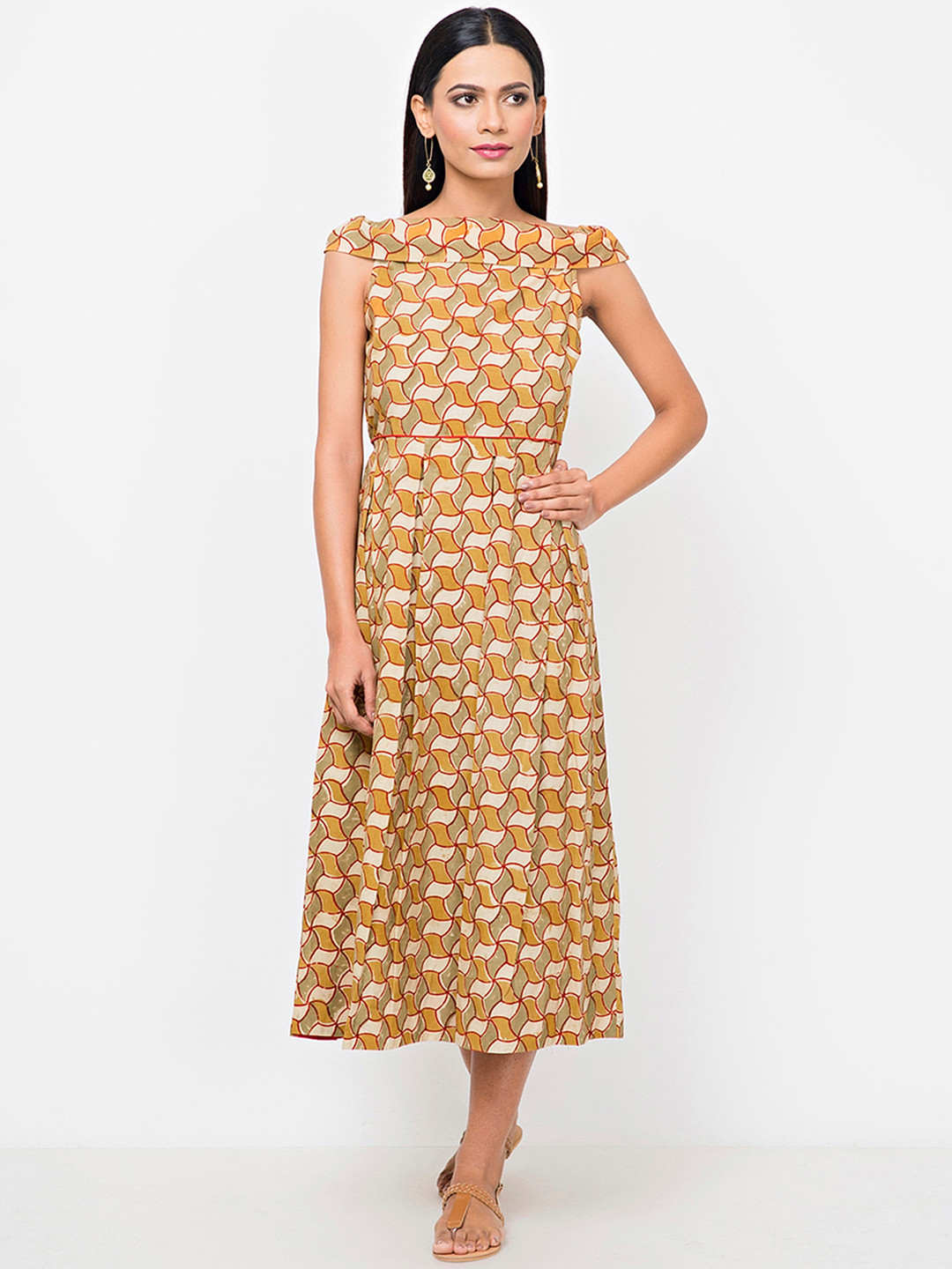 Buy Fabindia Women Mustard Yellow & Beige Kalamkari Print Midi Fit & Flare Dress - Dresses for 