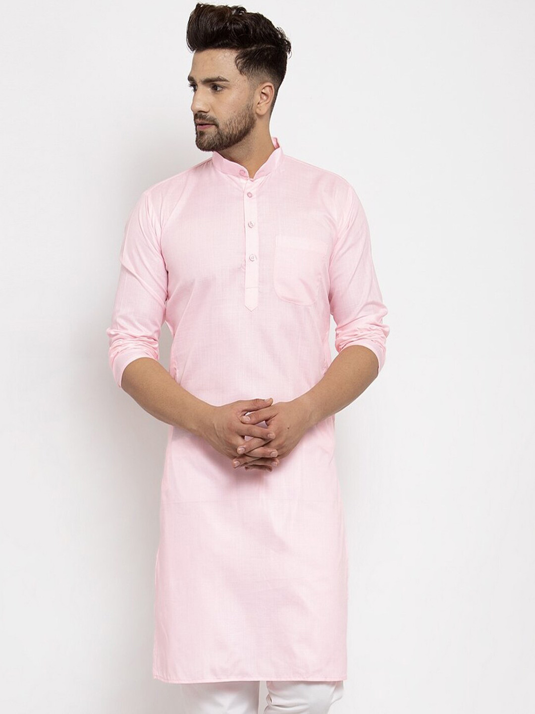 Buy Kaifoo Mandarin Collar Three Quarter Sleeves Straight Fit Cotton
