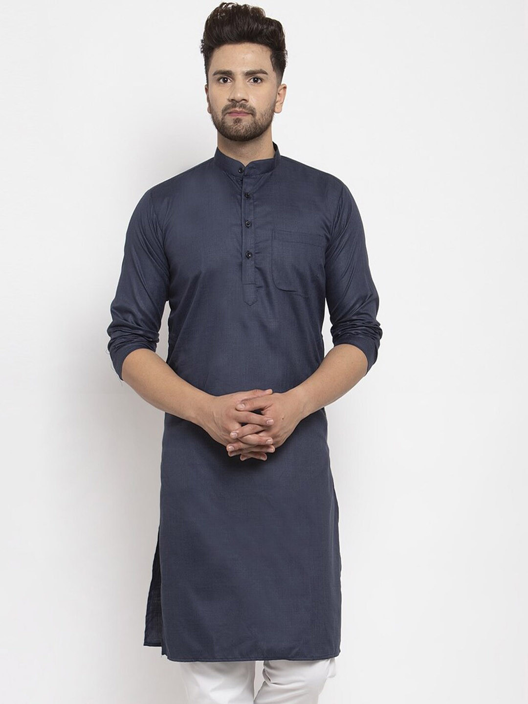 Buy Kaifoo Mandarin Collar Long Sleeves Straight Fit Cotton Kurta