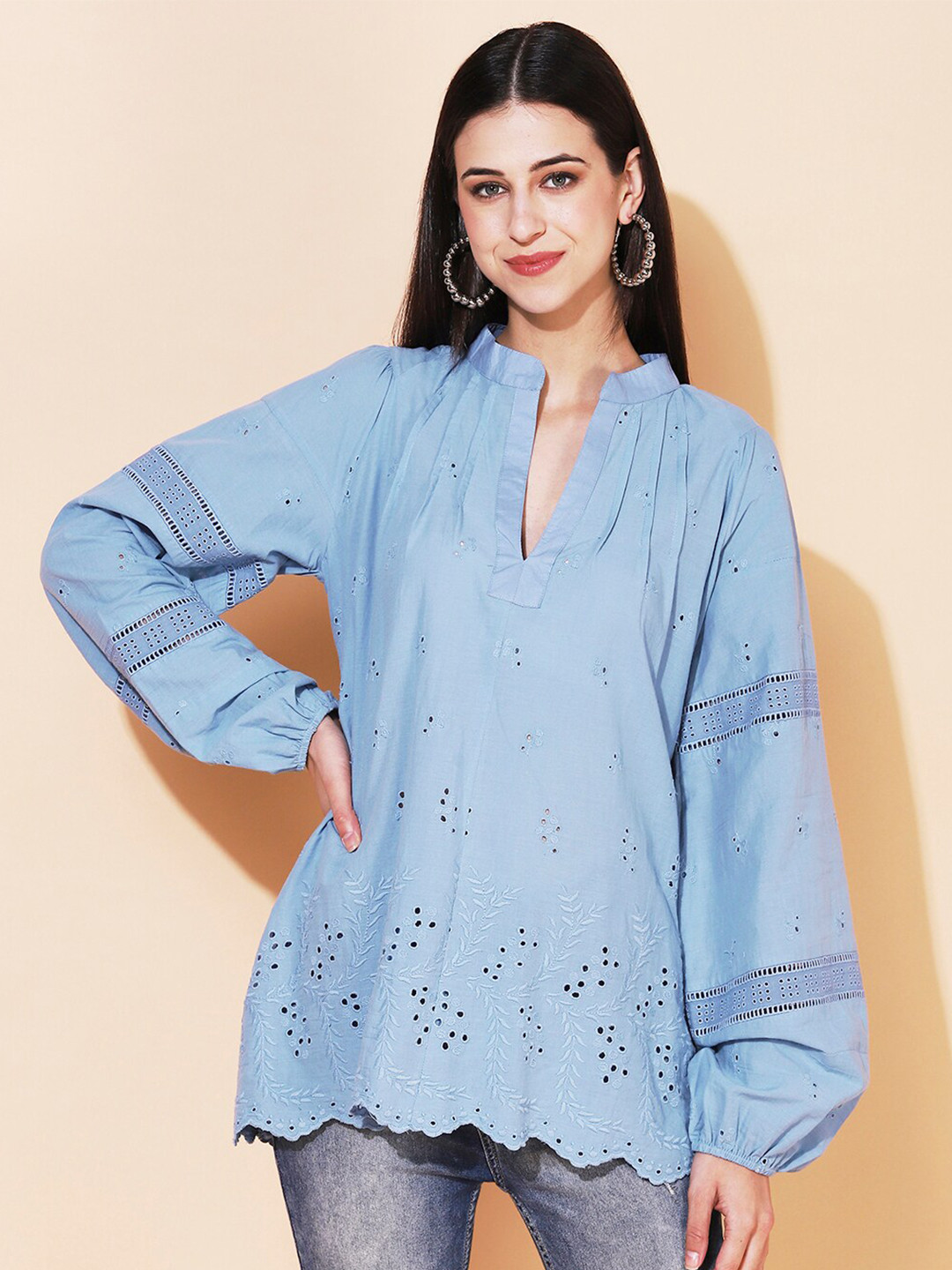 Women's Green Ethnic Printed Thread Work Kurti