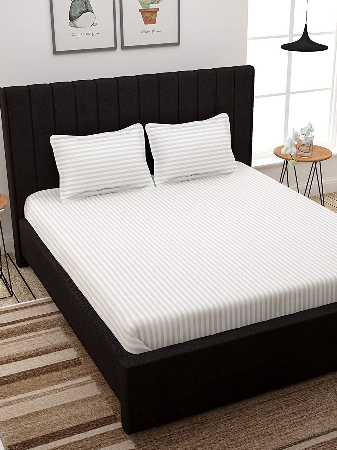Buy EverHOME White Striped 210 TC Cotton Queen Bedsheet With 2 Pillow