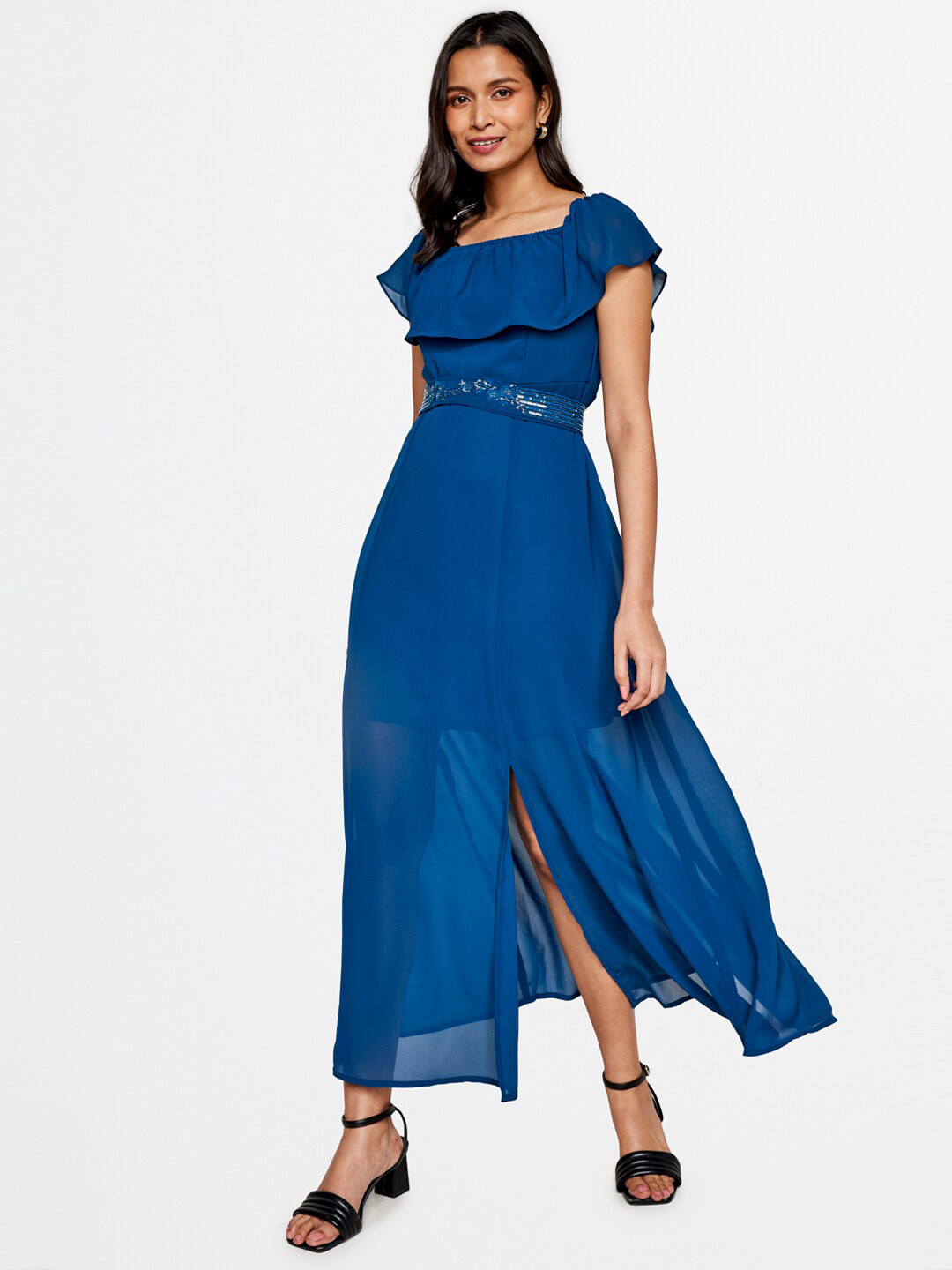 Buy AND Women Blue A Line Maxi Dress With Belt Dresses for Women