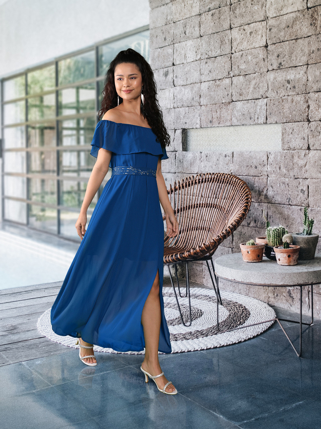 Buy AND Women Blue A Line Maxi Dress With Belt Dresses for Women
