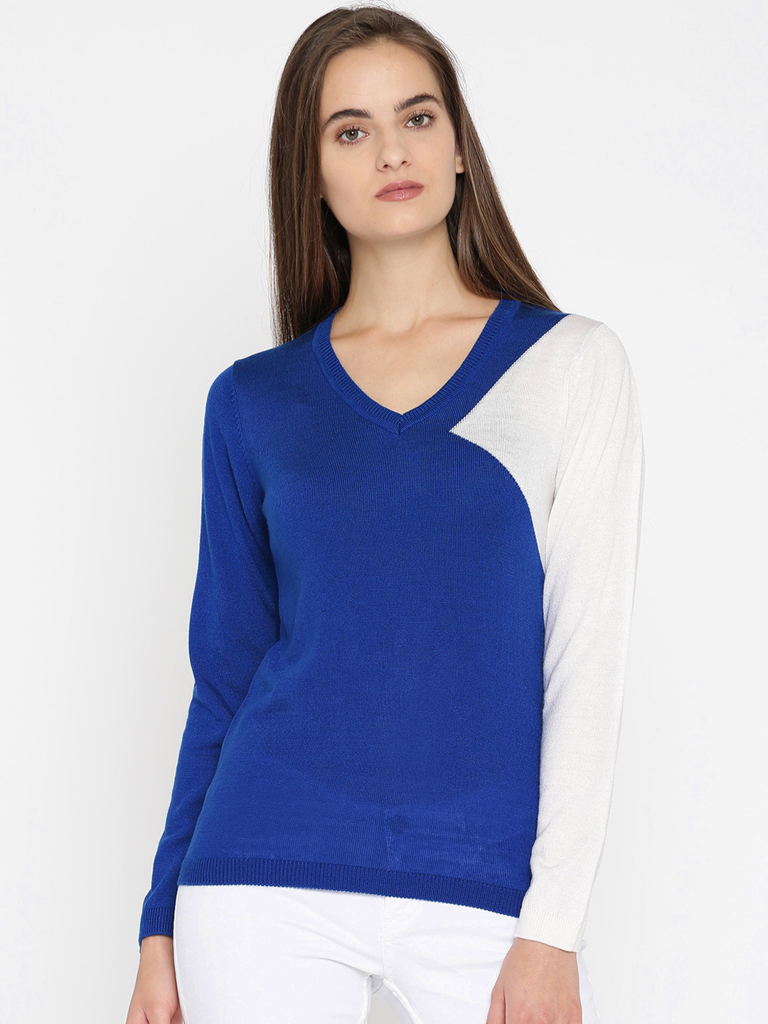 blue and white pullover