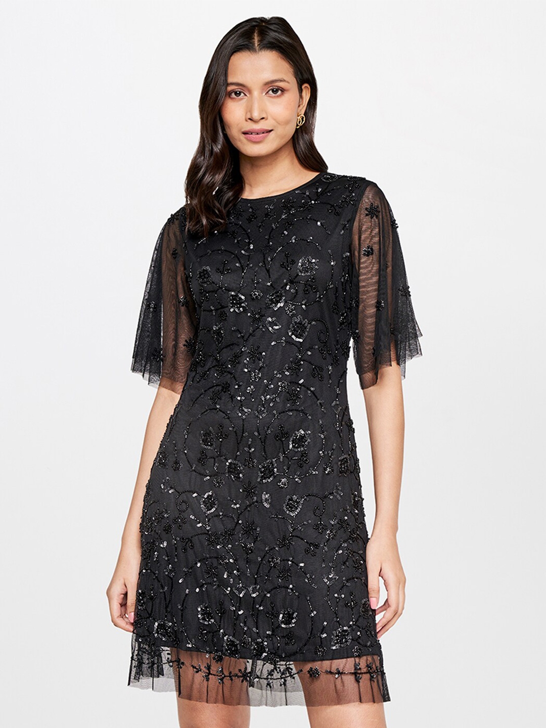 Buy AND Black Floral Embellished Sequin A Line Dress - Dresses for ...