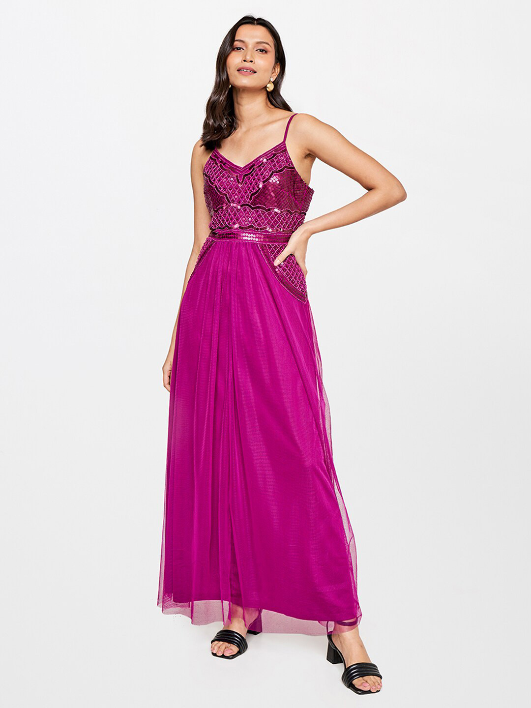 Buy AND Magenta Embellished Shoulder Strap Maxi Dress Dresses for