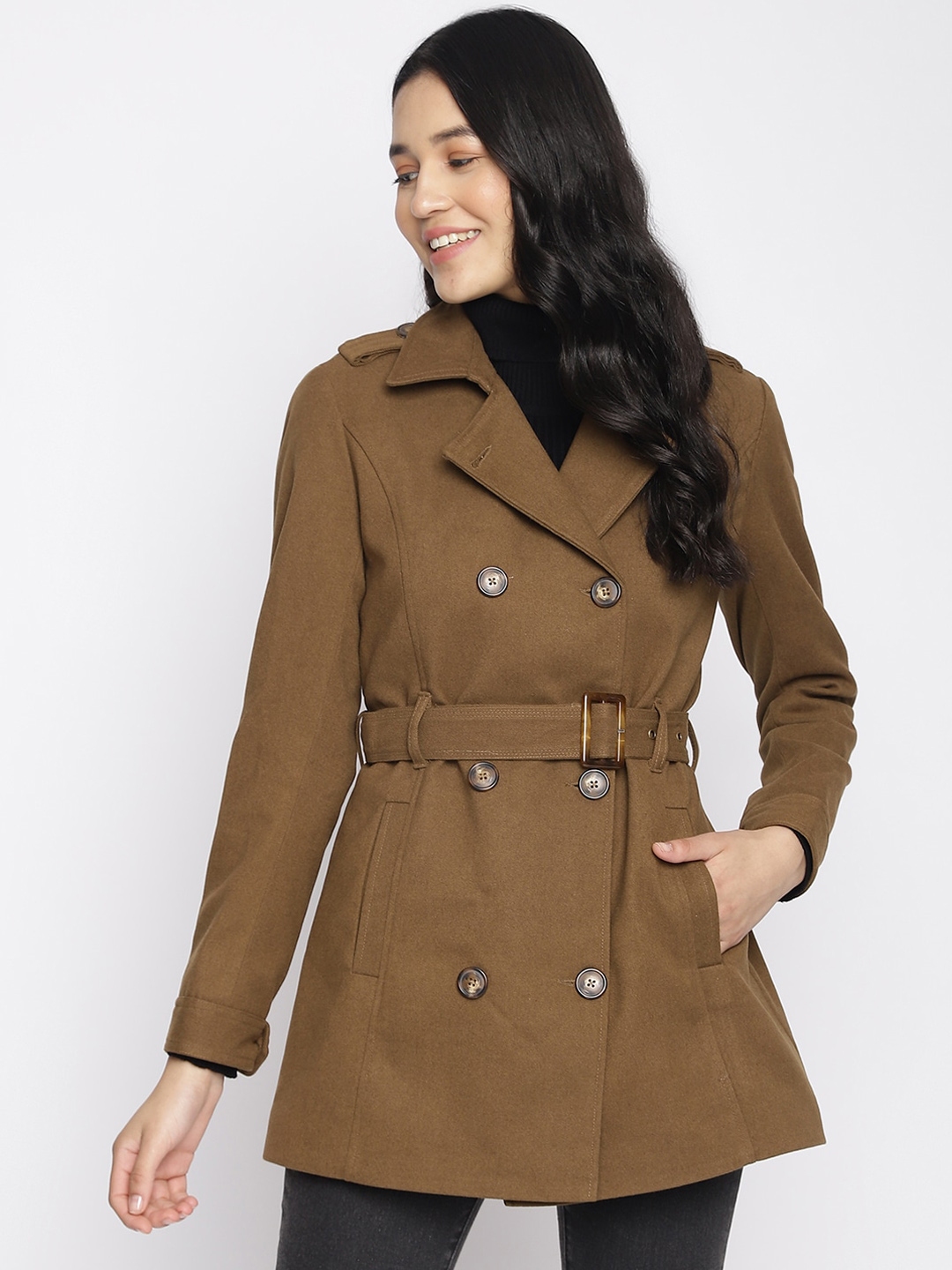 Buy Latin Quarters Women Brown Solid Overcoat With Belt - Coats for ...